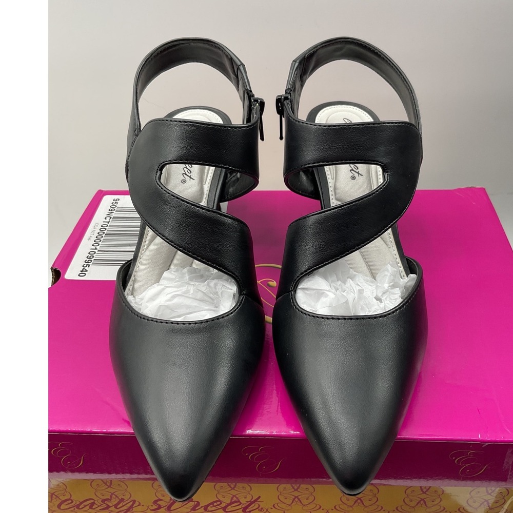 Easy Street Black Pointed Toe Asymmetrical Strap Block Heel Pumps 9M 31-5471